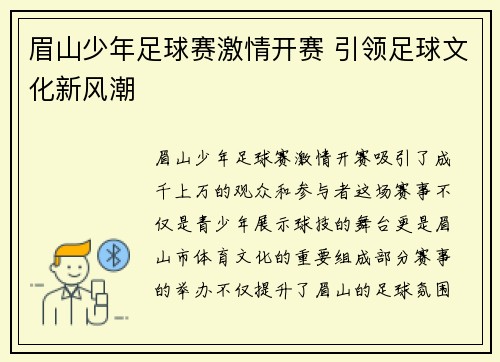 眉山少年足球赛激情开赛 引领足球文化新风潮