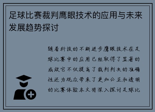 足球比赛裁判鹰眼技术的应用与未来发展趋势探讨
