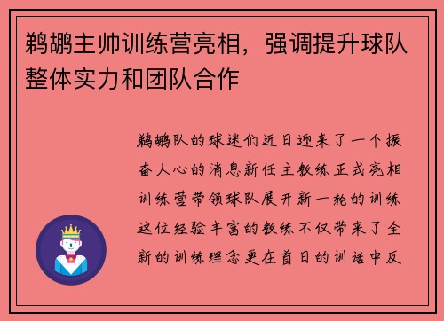 鹈鹕主帅训练营亮相，强调提升球队整体实力和团队合作