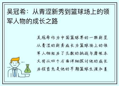 吴冠希：从青涩新秀到篮球场上的领军人物的成长之路