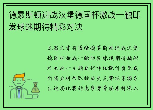 德累斯顿迎战汉堡德国杯激战一触即发球迷期待精彩对决