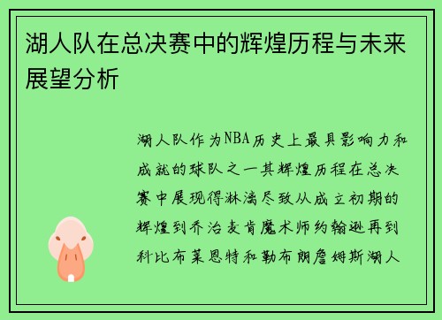 湖人队在总决赛中的辉煌历程与未来展望分析