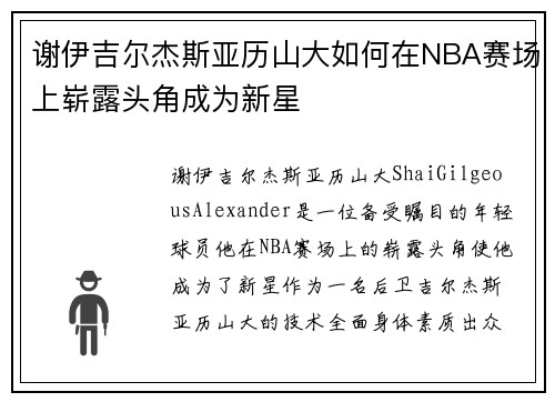 谢伊吉尔杰斯亚历山大如何在NBA赛场上崭露头角成为新星