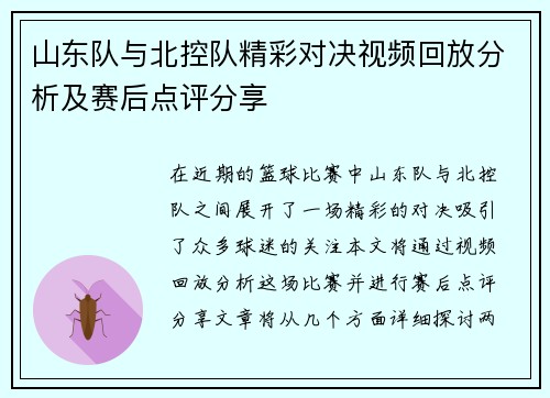 山东队与北控队精彩对决视频回放分析及赛后点评分享