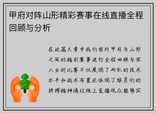 甲府对阵山形精彩赛事在线直播全程回顾与分析