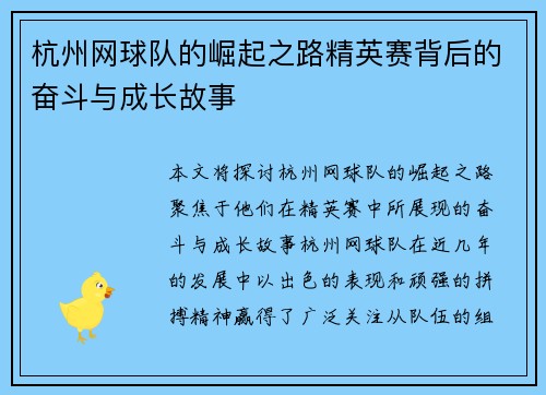 杭州网球队的崛起之路精英赛背后的奋斗与成长故事